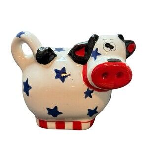 Red White and Blue Ceramic Cow Bank Patriotic